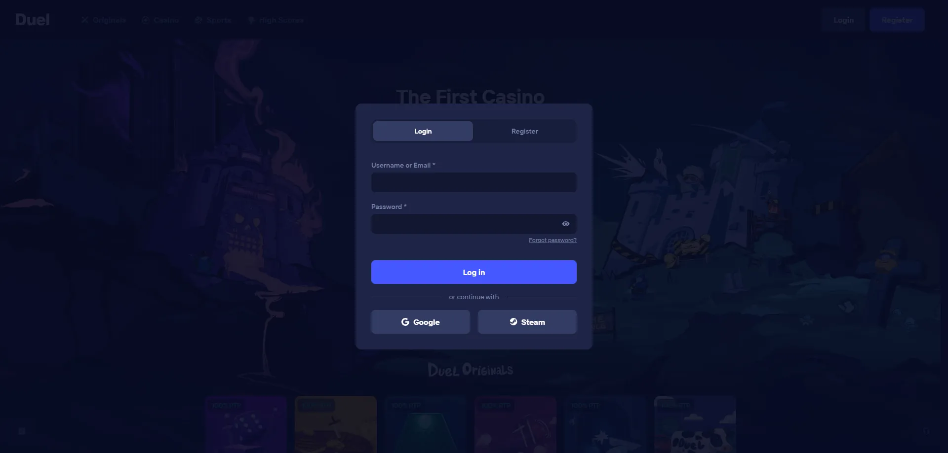Duel Casino &mdash; tela de login e cadastro r&aacute;pido sem KYC